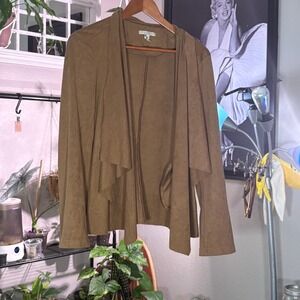 Brown Draped Open Front Jacket Faux Suede Moto Style Pockets Lightweight